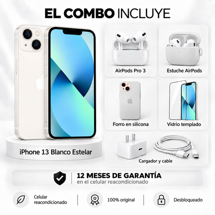 iPhone 13 + Space + AirPods Pro 3 + Estuche AirPods  + Vidrio Templado + Cargador y Cable