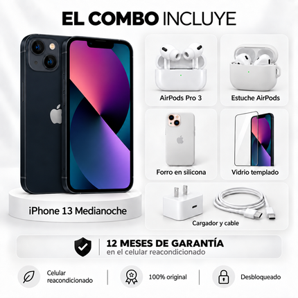 iPhone 13 + Space + AirPods Pro 3 + Estuche AirPods  + Vidrio Templado + Cargador y Cable