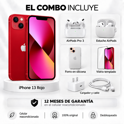 iPhone 13 + Space + AirPods Pro 3 + Estuche AirPods  + Vidrio Templado + Cargador y Cable