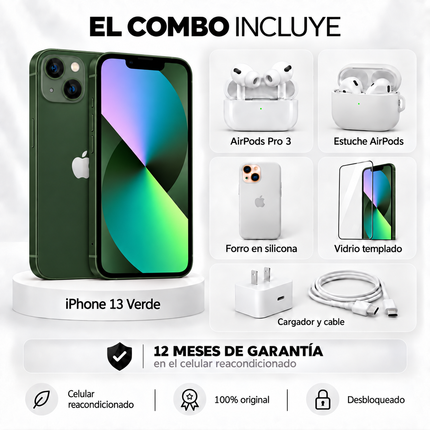 iPhone 13 + Space + AirPods Pro 3 + Estuche AirPods  + Vidrio Templado + Cargador y Cable