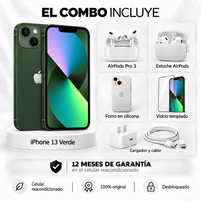 iPhone 13 + Space + AirPods Pro 3 + Estuche AirPods  + Vidrio Templado + Cargador y Cable