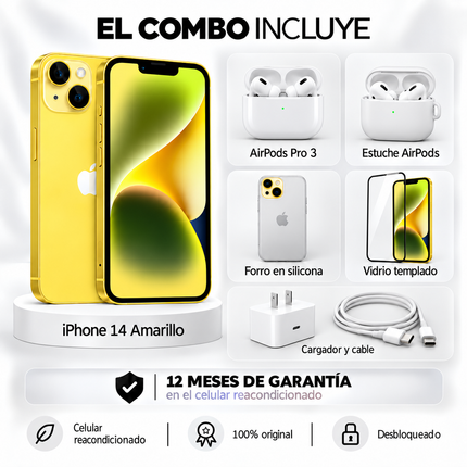 iPhone 14 + Space + AirPods Pro 3 + Estuche AirPods  + Vidrio Templado + Cargador y Cable