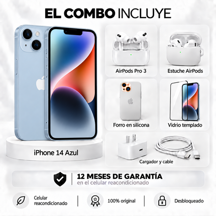iPhone 14 + Space + AirPods Pro 3 + Estuche AirPods  + Vidrio Templado + Cargador y Cable