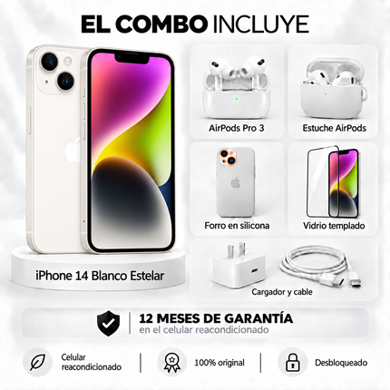 iPhone 14 + Space + AirPods Pro 3 + Estuche AirPods  + Vidrio Templado + Cargador y Cable