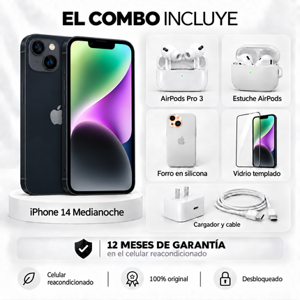 iPhone 14 + Space + AirPods Pro 3 + Estuche AirPods  + Vidrio Templado + Cargador y Cable