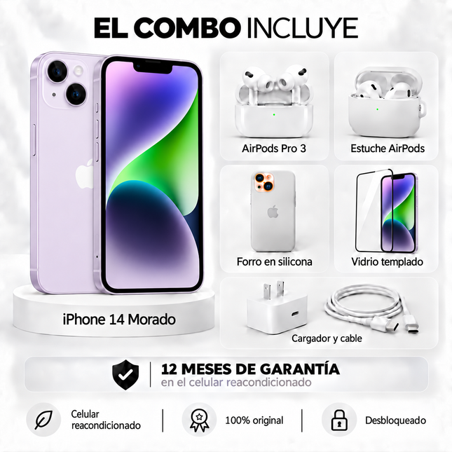 iPhone 14 + Space + AirPods Pro 3 + Estuche AirPods  + Vidrio Templado + Cargador y Cable