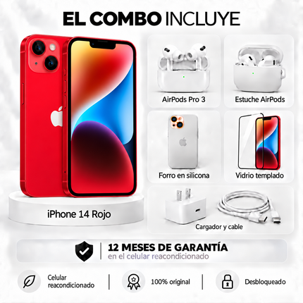 iPhone 14 + Space + AirPods Pro 3 + Estuche AirPods  + Vidrio Templado + Cargador y Cable