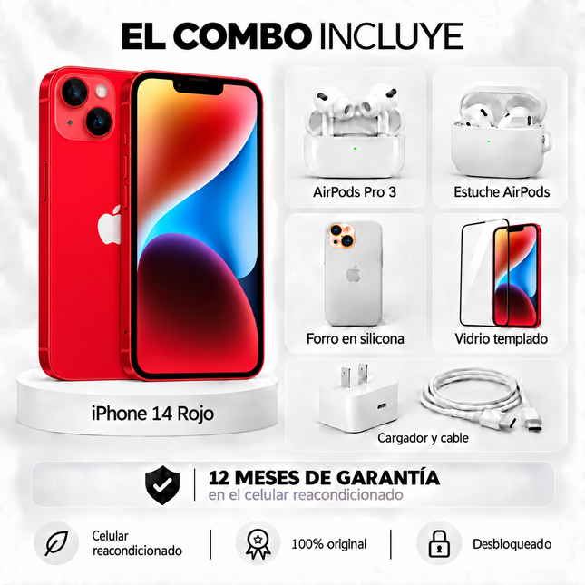 iPhone 14 + Space + AirPods Pro 3 + Estuche AirPods  + Vidrio Templado + Cargador y Cable