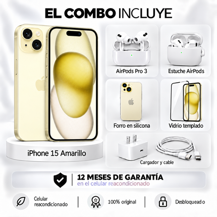 iPhone 15 + Space + AirPods Pro 3 + Estuche AirPods  + Vidrio Templado + Cargador y Cable