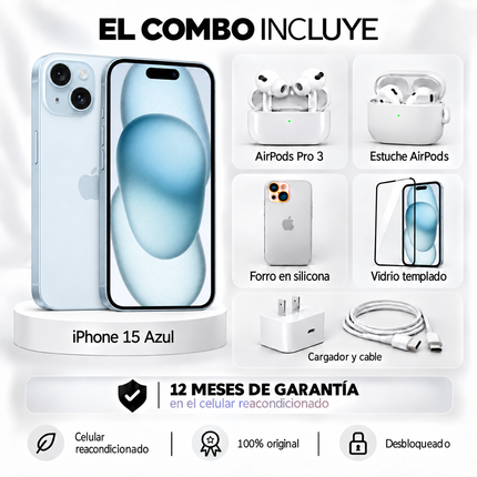 iPhone 15 + Space + AirPods Pro 3 + Estuche AirPods  + Vidrio Templado + Cargador y Cable