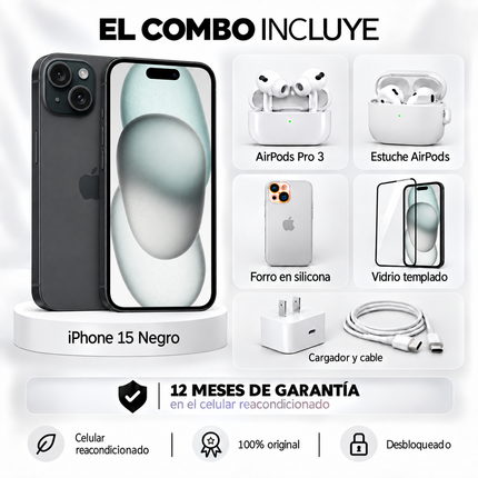 iPhone 15 + Space + AirPods Pro 3 + Estuche AirPods  + Vidrio Templado + Cargador y Cable