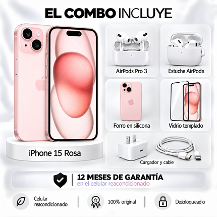 iPhone 15 + Space + AirPods Pro 3 + Estuche AirPods  + Vidrio Templado + Cargador y Cable