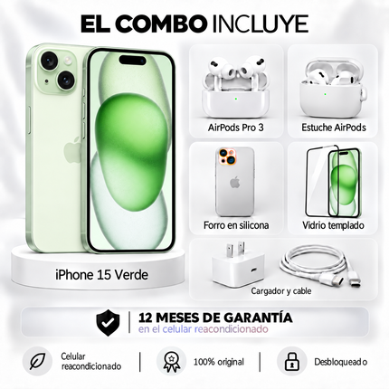 iPhone 15 + Space + AirPods Pro 3 + Estuche AirPods  + Vidrio Templado + Cargador y Cable