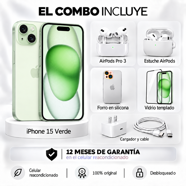 iPhone 15 + Space + AirPods Pro 3 + Estuche AirPods  + Vidrio Templado + Cargador y Cable