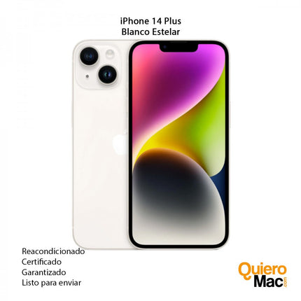 iPhone 14 Plus reacondicionado, refurbish, certificado con garantía para comprar online color Blanco Estelar - QuieroMac